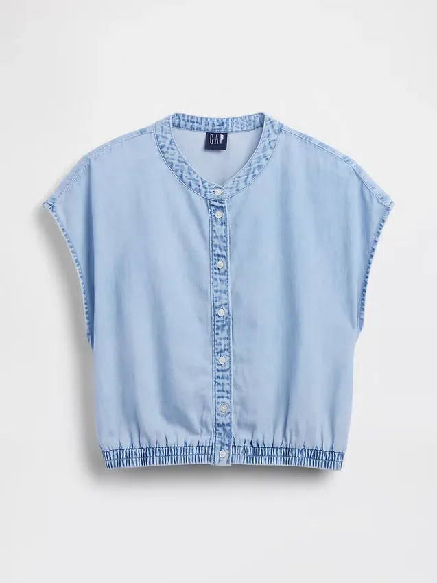 Denim Cap-Sleeve Crop Button-Front Top