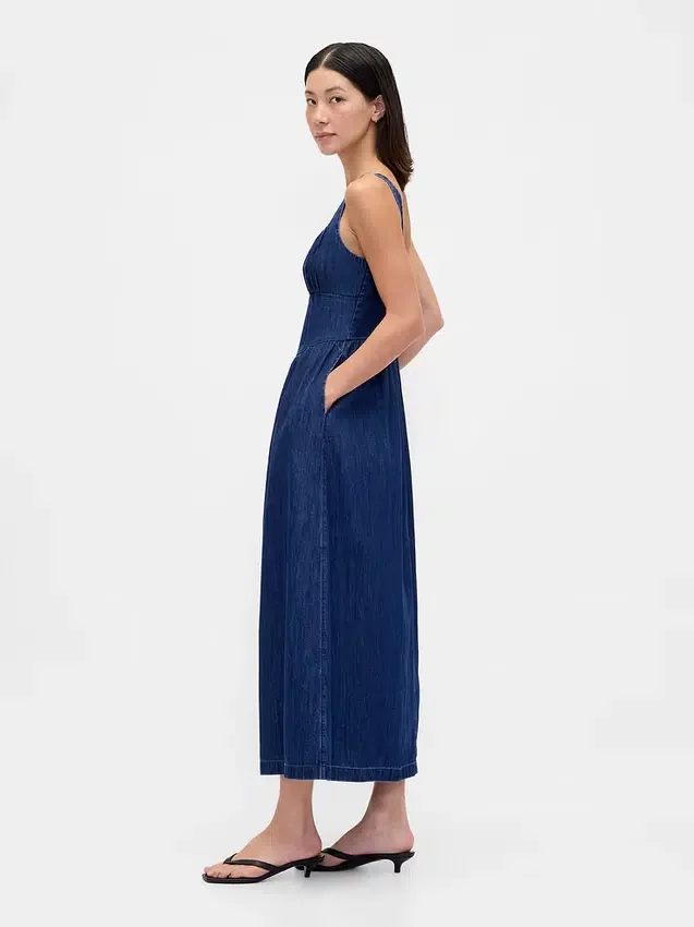 Denim Drop-Waist Corset Midi Dress
