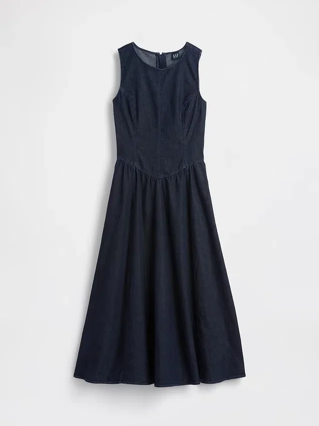 Denim Drop-Waist Midi Dress