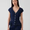 Denim Fitted Cap-Sleeve Peplum Top