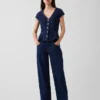 Denim Fitted Cap-Sleeve Peplum Top