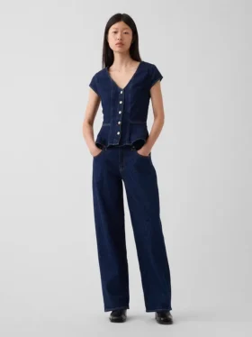 Denim Fitted Cap-Sleeve Peplum Top