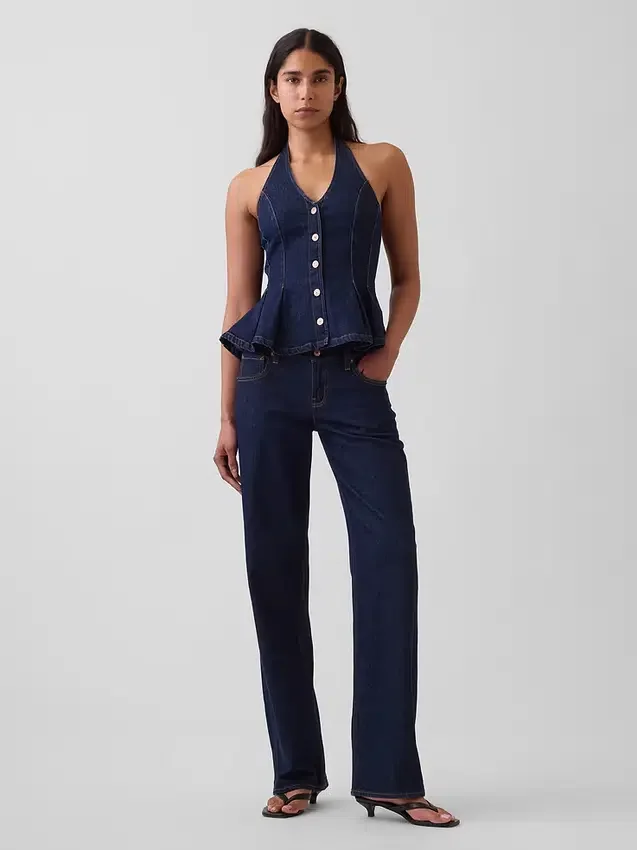 Denim Fitted Halter Peplum Top