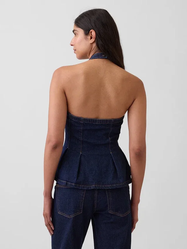 Denim Fitted Halter Peplum Top