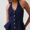 Denim Fitted Halter Peplum Top