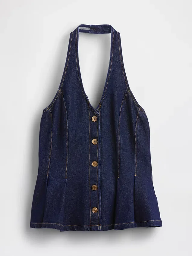 Denim Fitted Halter Peplum Top