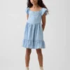 Denim Flutter-Sleeve Sweetheart Dress