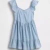 Denim Flutter-Sleeve Sweetheart Dress