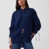 Denim Oversized Ruched-Sleeve Shirt