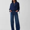 Denim Oversized Ruched-Sleeve Shirt