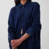 Denim Oversized Ruched-Sleeve Shirt