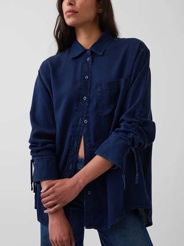 Denim Oversized Ruched-Sleeve Shirt