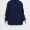 Denim Oversized Ruched-Sleeve Shirt