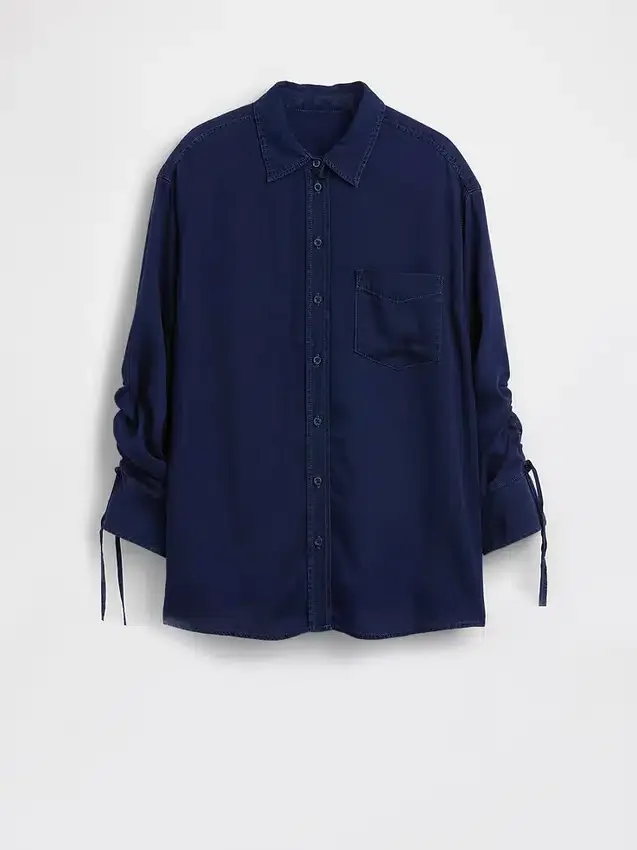 Denim Oversized Ruched-Sleeve Shirt