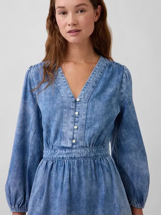 Denim Pieced-Waist Midi Dress