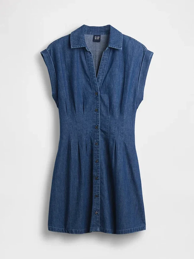 Denim Pleated Mini Shirtdress