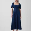 Denim Puff-Sleeve Button-Front Maxi Dress