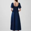 Denim Puff-Sleeve Button-Front Maxi Dress
