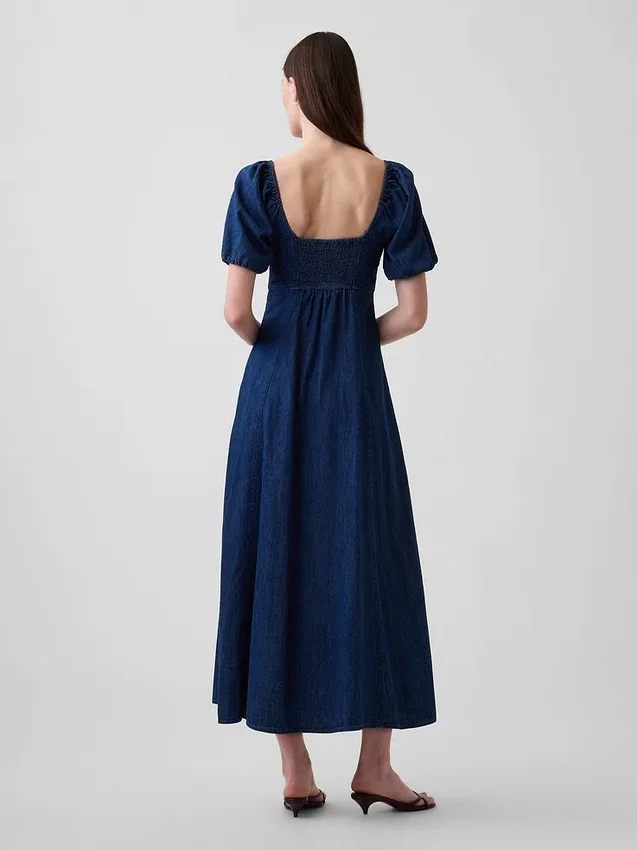 Denim Puff-Sleeve Button-Front Maxi Dress