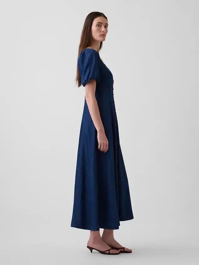 Denim Puff-Sleeve Button-Front Maxi Dress