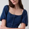 Denim Puff-Sleeve Button-Front Maxi Dress