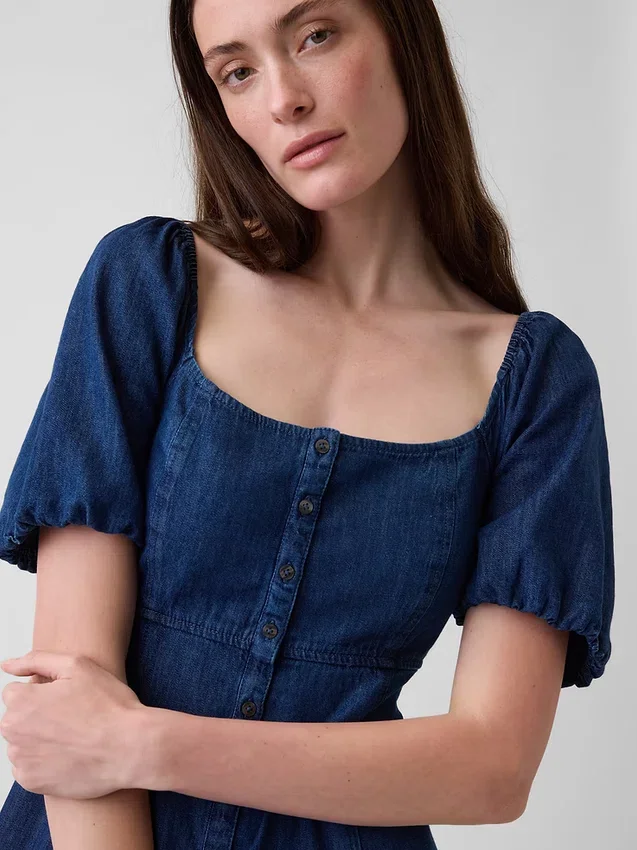 Denim Puff-Sleeve Button-Front Maxi Dress