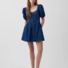 Denim Puff-Sleeve Sweetheart Mini Dress