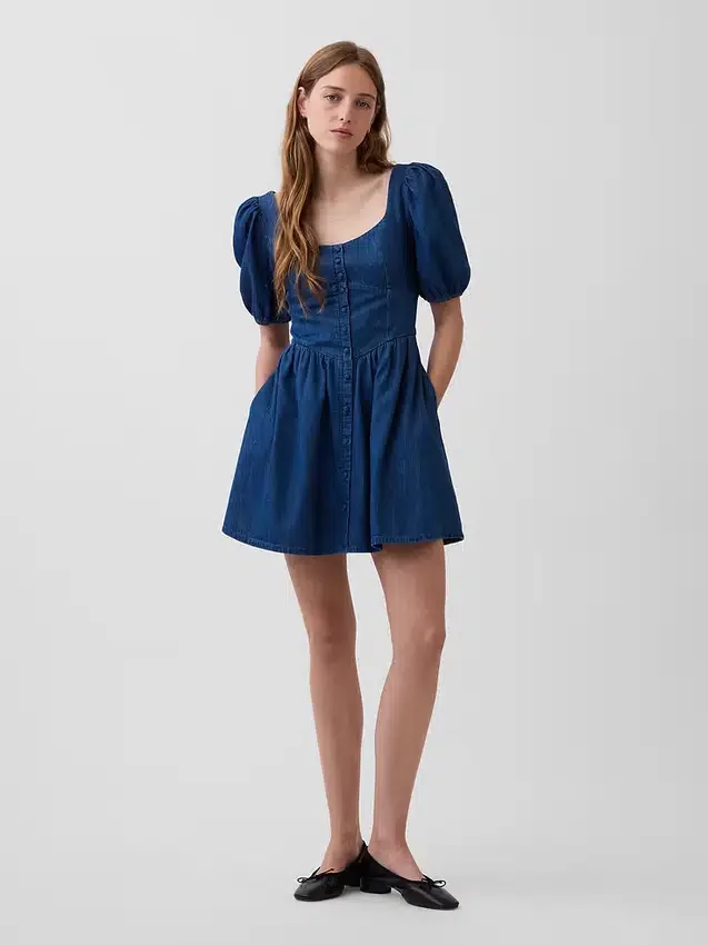 Denim Puff-Sleeve Sweetheart Mini Dress