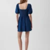 Denim Puff-Sleeve Sweetheart Mini Dress