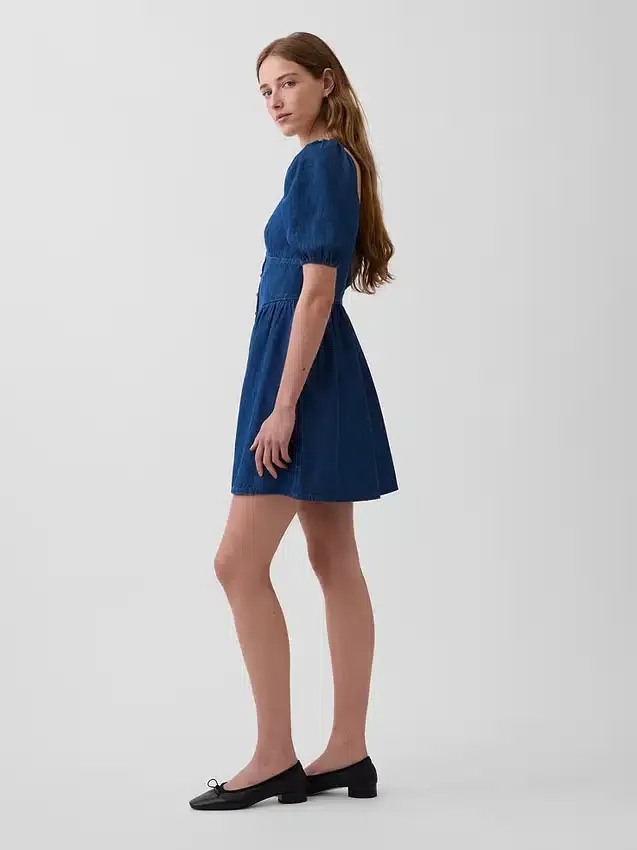 Denim Puff-Sleeve Sweetheart Mini Dress