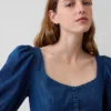 Denim Puff-Sleeve Sweetheart Mini Dress