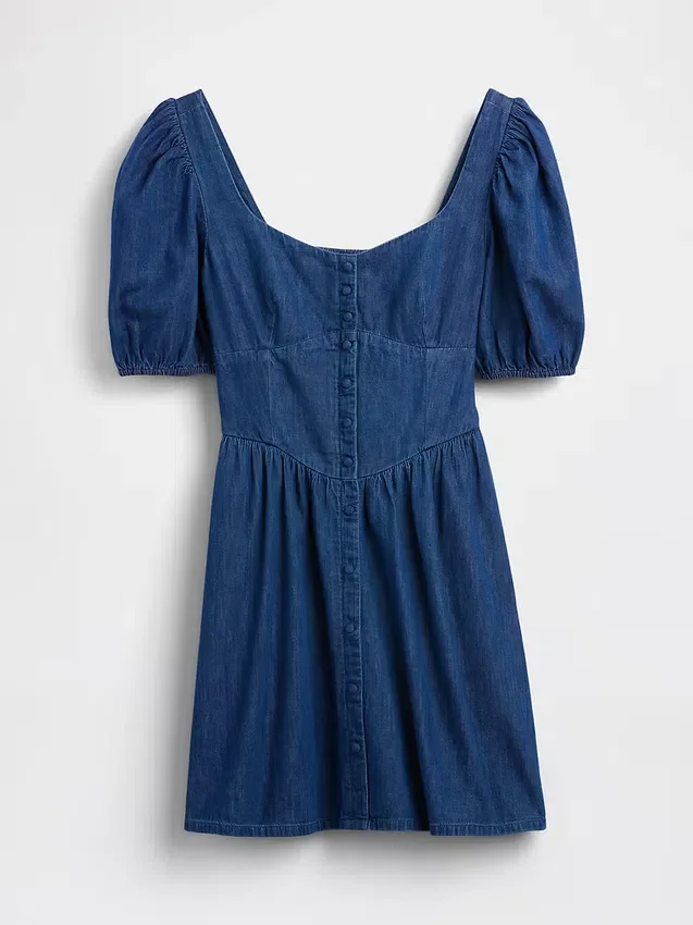 Denim Puff-Sleeve Sweetheart Mini Dress