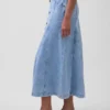 Denim Seamed Button-Front Maxi Skirt
