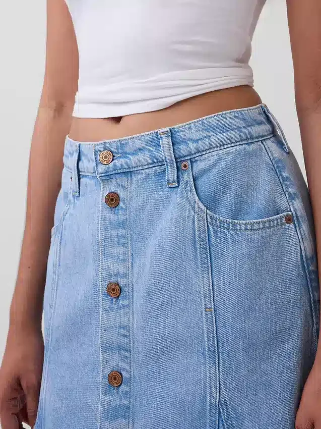Denim Seamed Button-Front Maxi Skirt