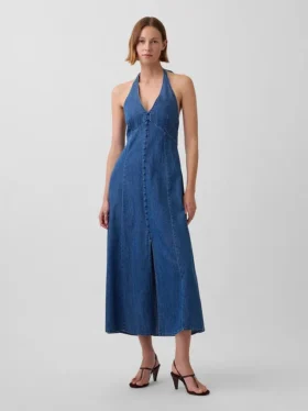Denim Seamed Halter Maxi Dress