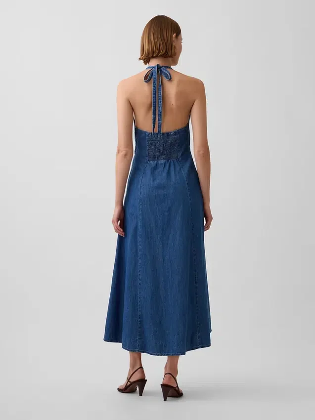 Denim Seamed Halter Maxi Dress