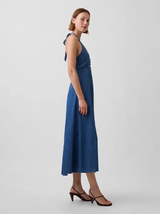 Denim Seamed Halter Maxi Dress
