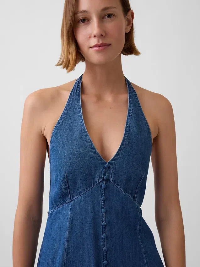 Denim Seamed Halter Maxi Dress