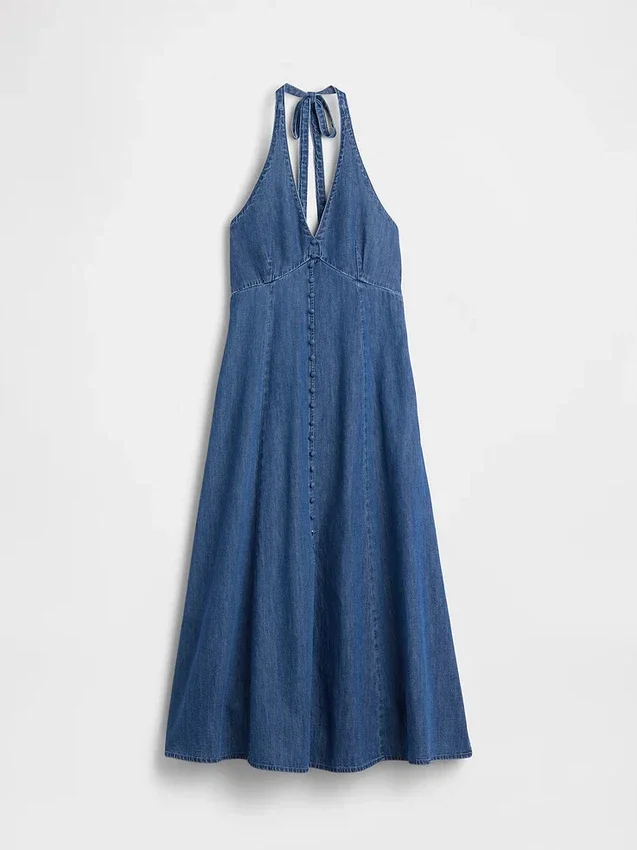 Denim Seamed Halter Maxi Dress