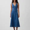 Denim Seamed Zip-Front Midi Dress