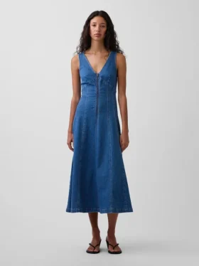 Denim Seamed Zip-Front Midi Dress