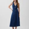 Denim Seamed Zip-Front Midi Dress