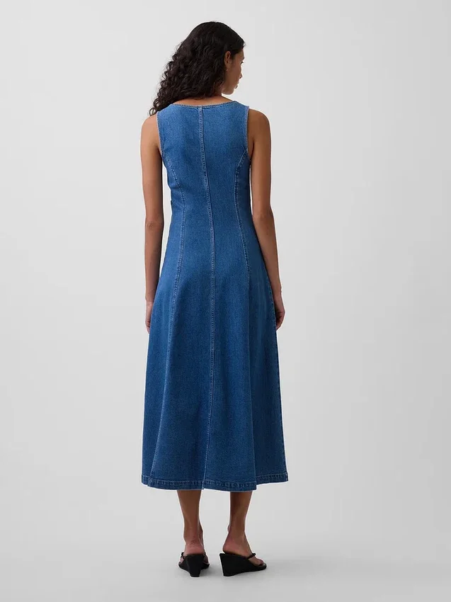 Denim Seamed Zip-Front Midi Dress