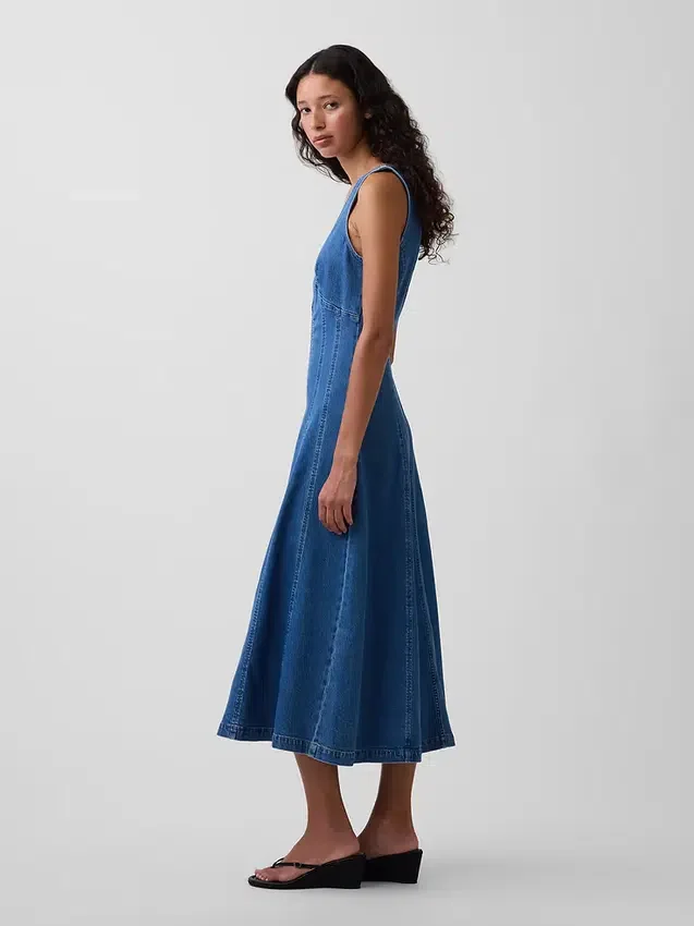 Denim Seamed Zip-Front Midi Dress