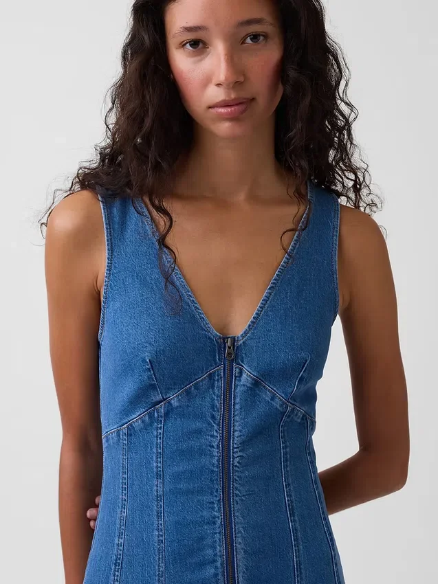 Denim Seamed Zip-Front Midi Dress