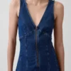 Denim Seamed Zip-Front Midi Dress