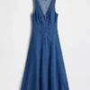 Denim Seamed Zip-Front Midi Dress