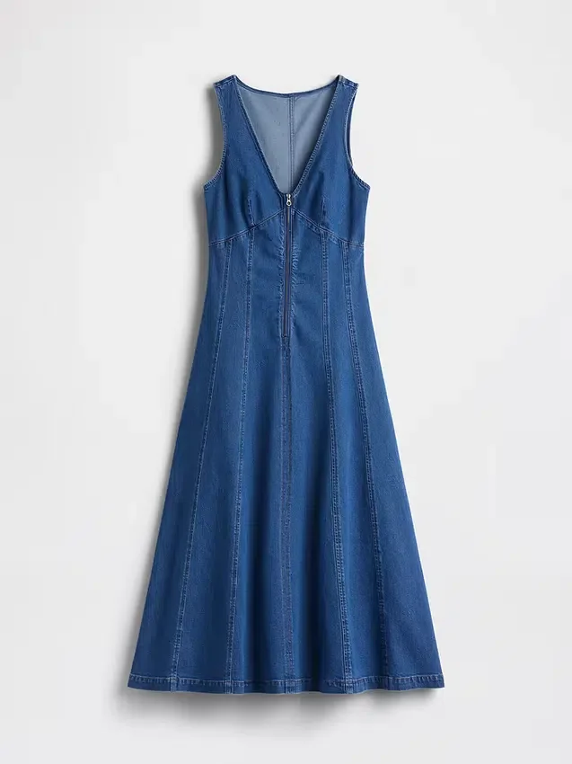 Denim Seamed Zip-Front Midi Dress