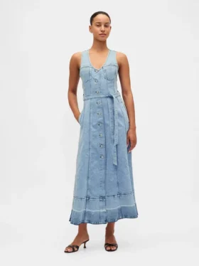 Denim Tie-Belt Button-Front Maxi Dress