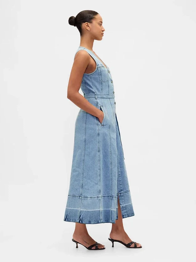 Denim Tie-Belt Button-Front Maxi Dress